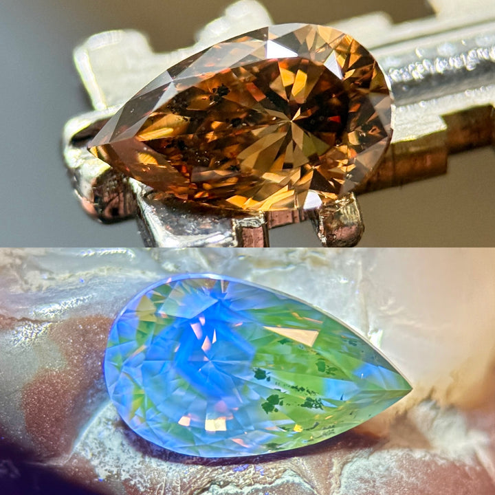 1.65CT Diamond: Fancy Orange Brown Elongated Pear Brilliant With Museum Quality Bi Color Fluorescence