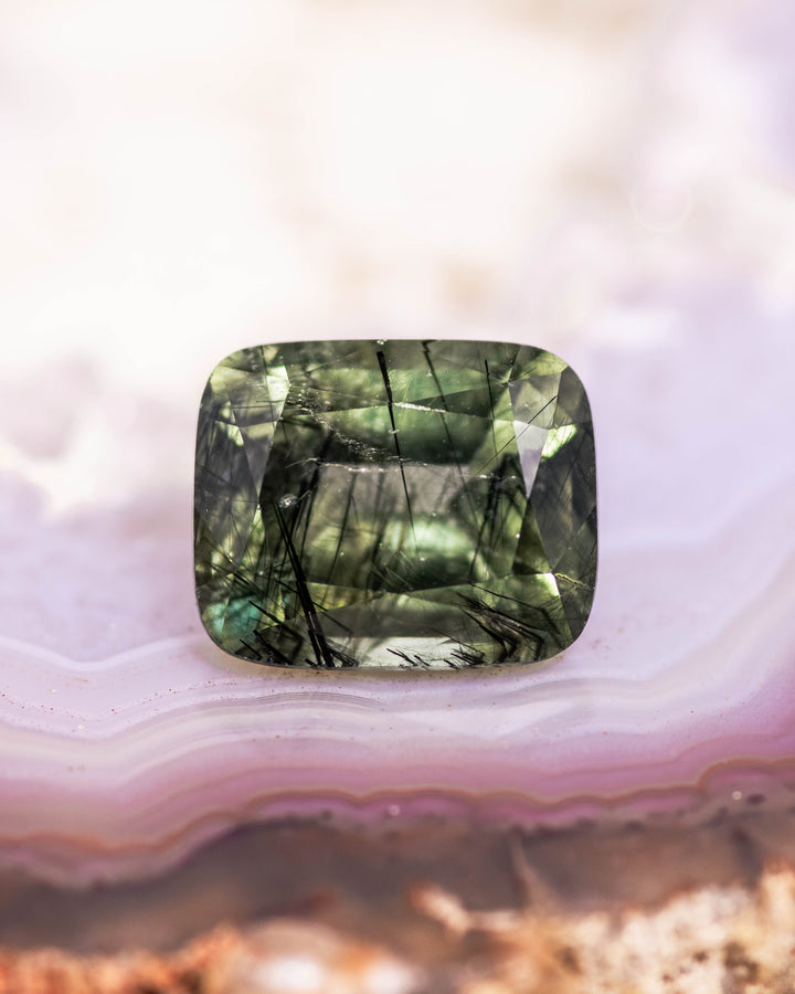 4.76CT Peridot: Green Black Cushion Mix Cut