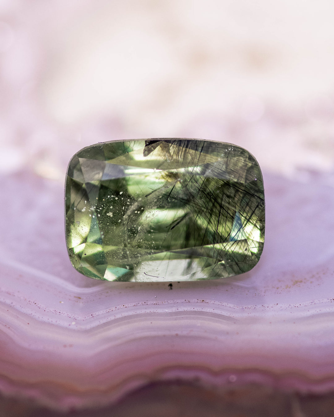3.76CT Peridot: Green Black Cushion Mix Cut