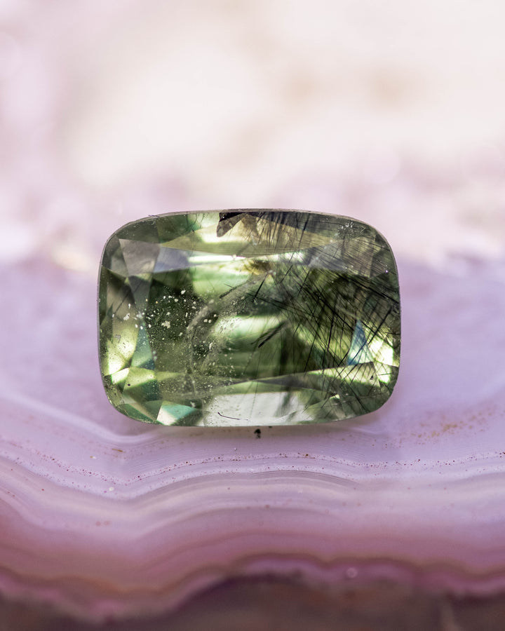 3.76CT Peridot: Green Black Cushion Mix Cut