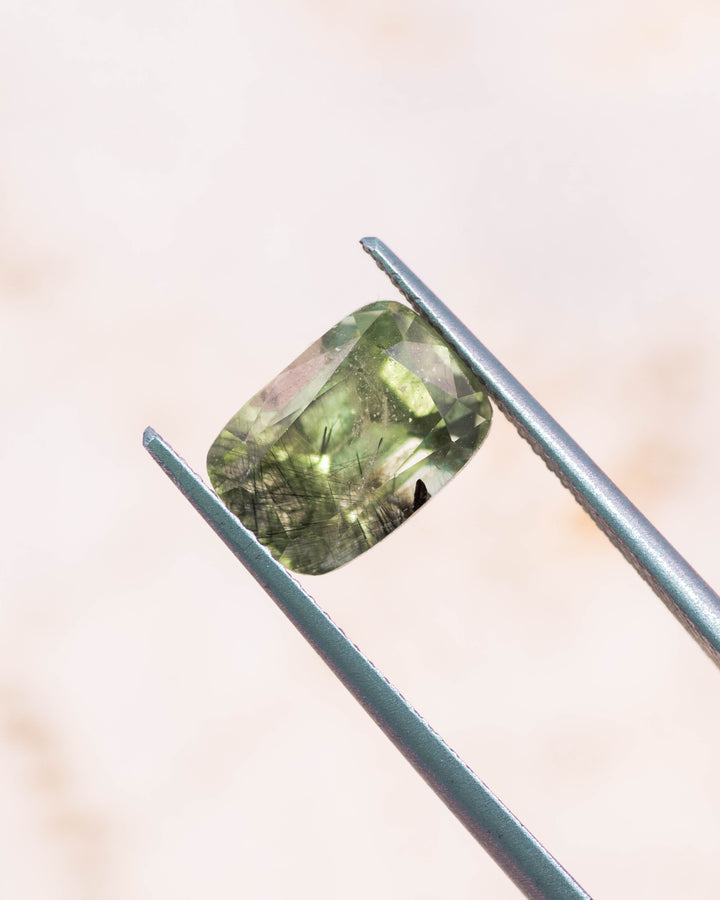 3.76CT Peridot: Green Black Cushion Mix Cut