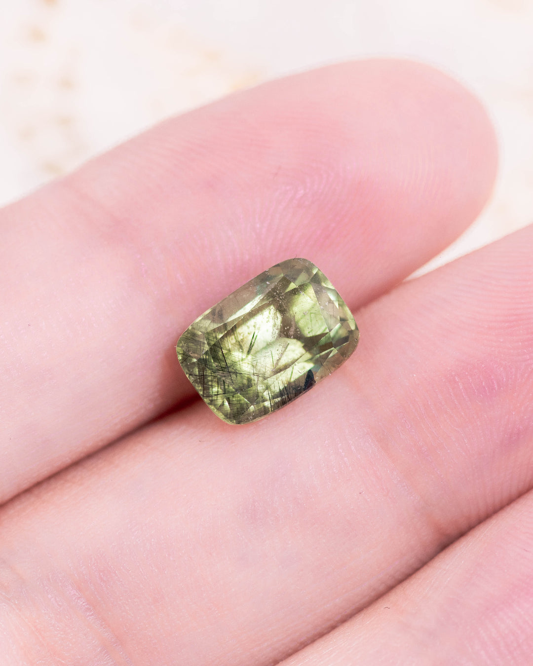 3.76CT Peridot: Green Black Cushion Mix Cut