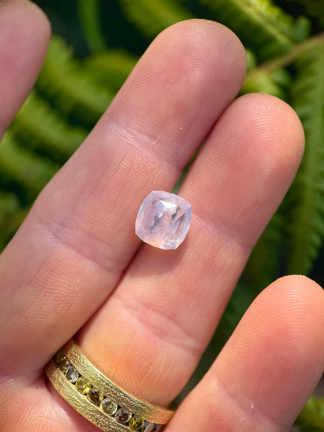 Light pink 5.12 carat sapphire resting on a finger with a gold ring against a green leafy background
