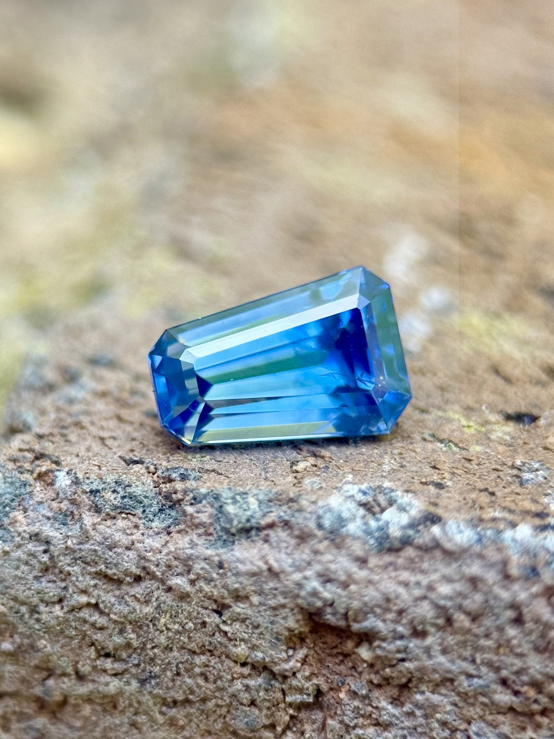 1.20 carat Montana sapphire with rich blue color and tapered shield step cut, resting on a textured rock background.