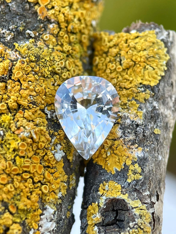 A 1.18-carat pear-shaped sapphire in soft pastel seafoam and gray hues rests on vibrant yellow lichen, highlighting its natural beauty.