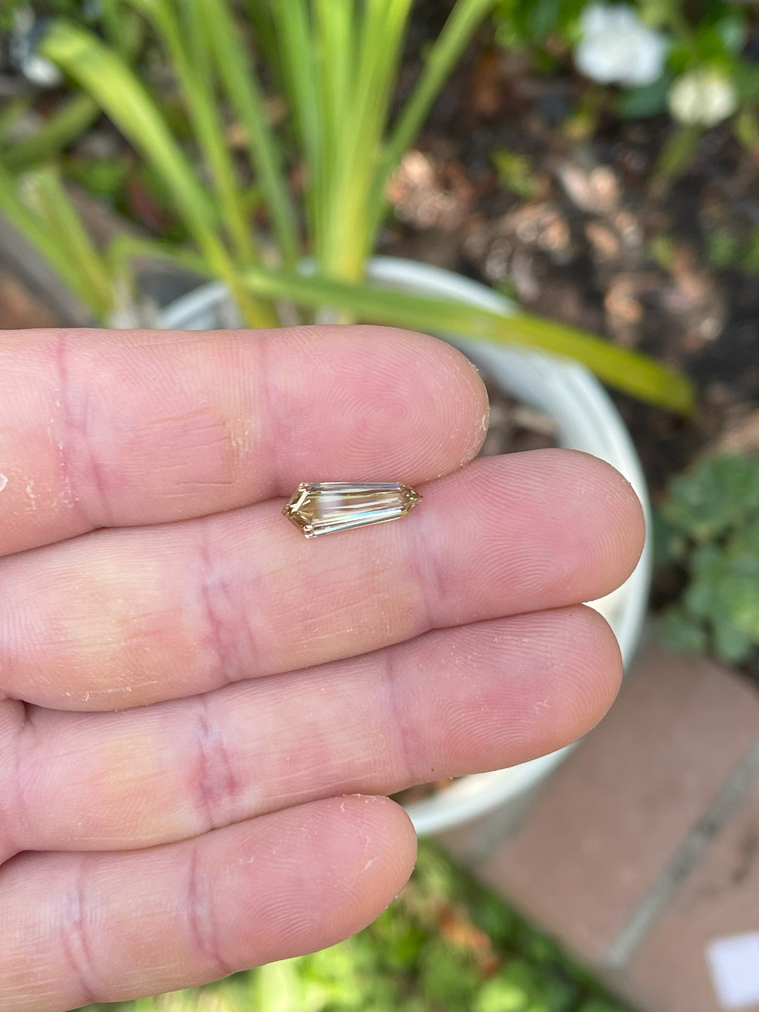 Hand holding a 2.02-carat champagne diamond outdoors, capturing its elongated shield cut and elegant champagne hue.