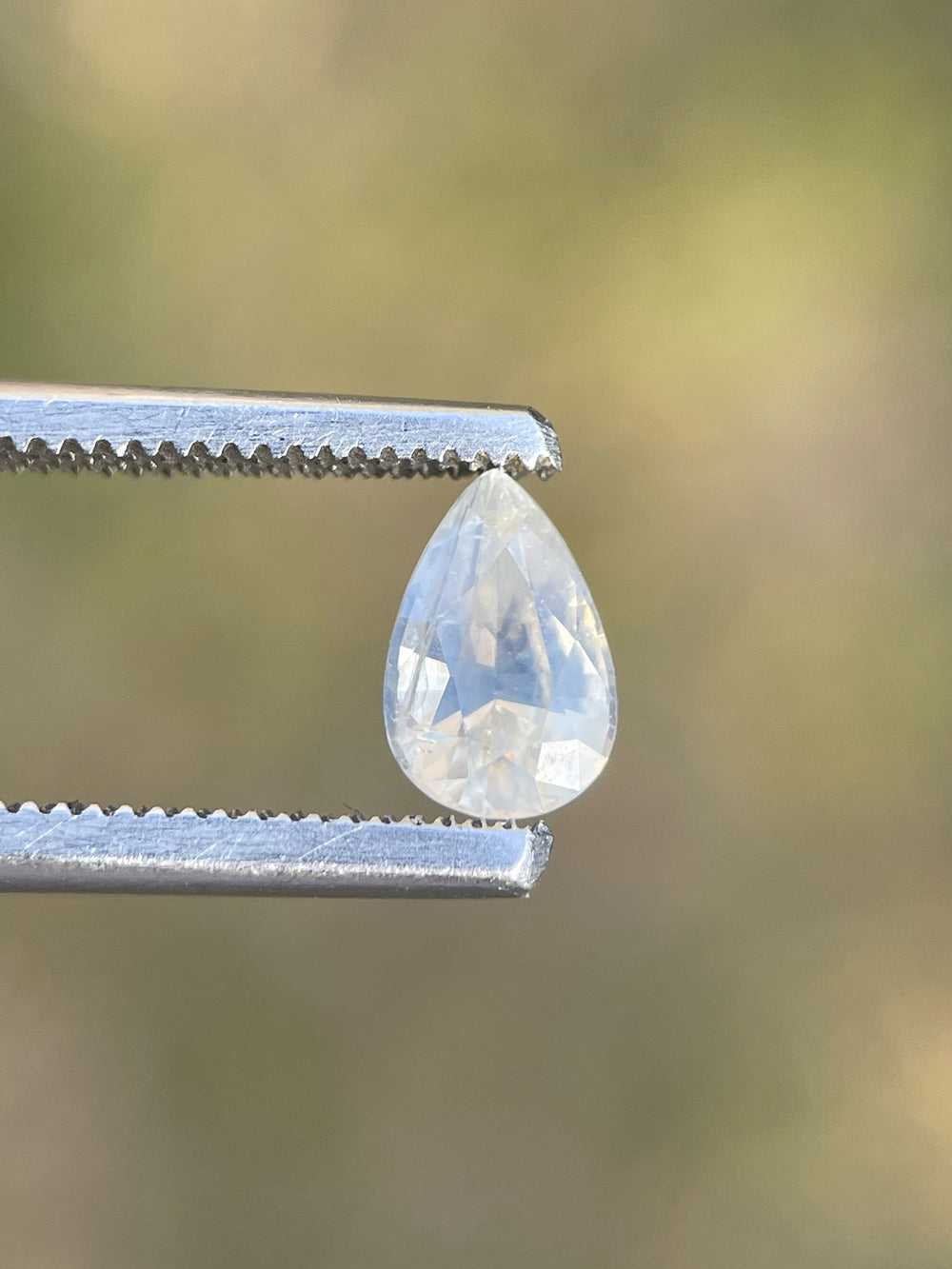 1.05-carat natural yellow sapphire held by gem tweezers, revealing its transparent brilliance against a soft natural background.