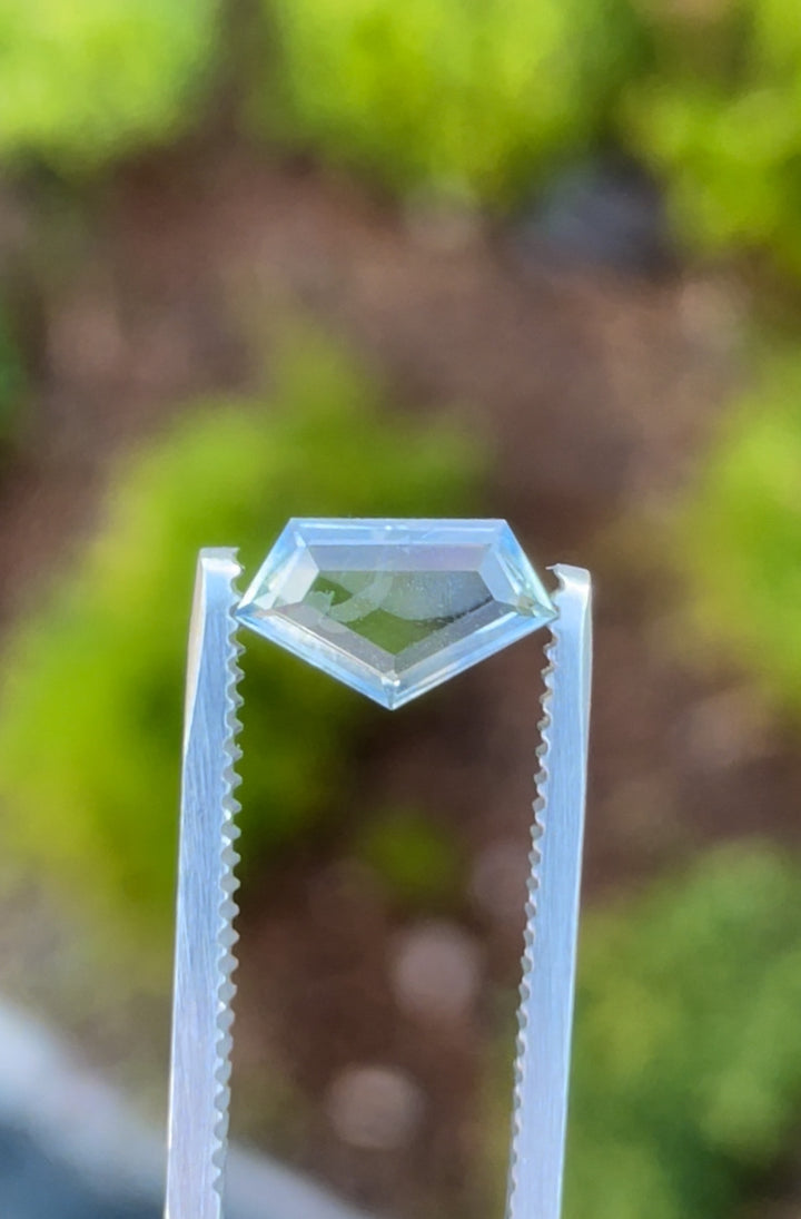 A 1.20-carat geometric step cut portrait sapphire held in tweezers, showcasing its diverse hues of yellow, powder blue, and cornflower blue. Originating from Sri Lanka, this untreated gem measures 10.37mm in length, 6.07mm in width, and 2.13mm in height, set against a blurred green background.