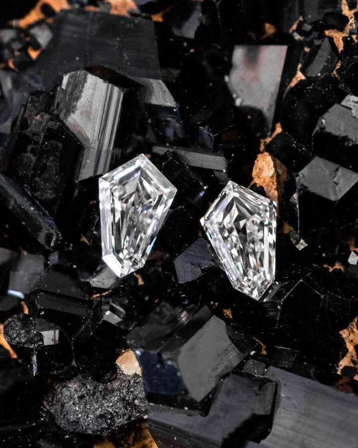 0.19 carat F-color kite step cut diamond pair resting on black crystal mineral matrix, showcasing geometric faceting, brilliance, and ethical untreated diamonds from South Africa.