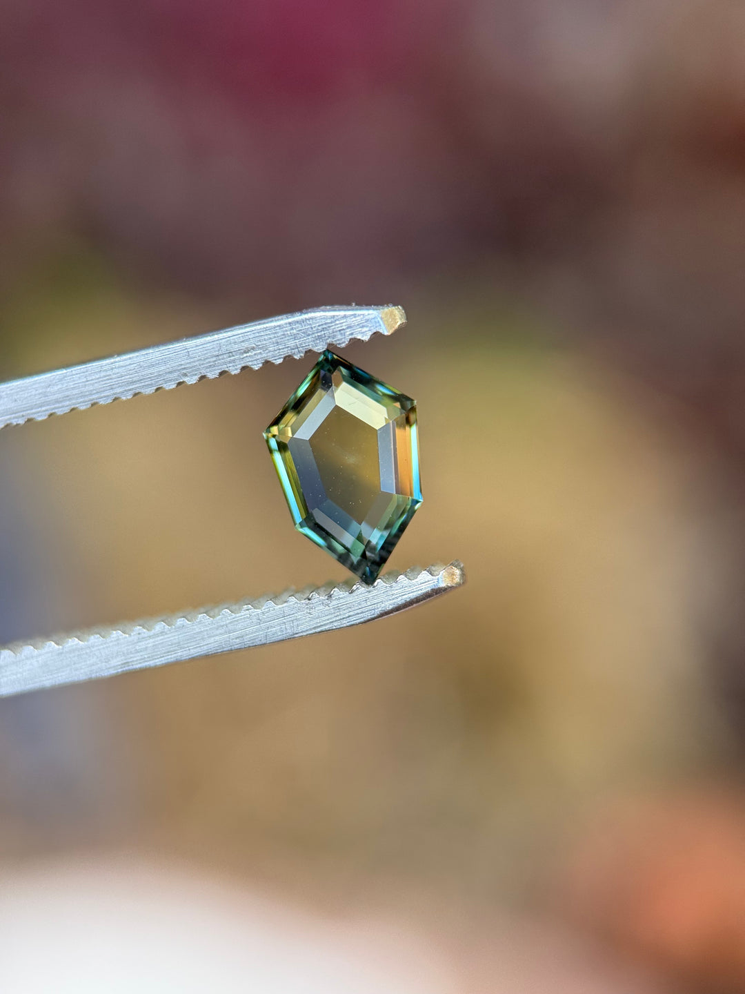 1.13CT Sapphire: Yellow Teal Blue Green Parti Precision Shield Portrait Cut