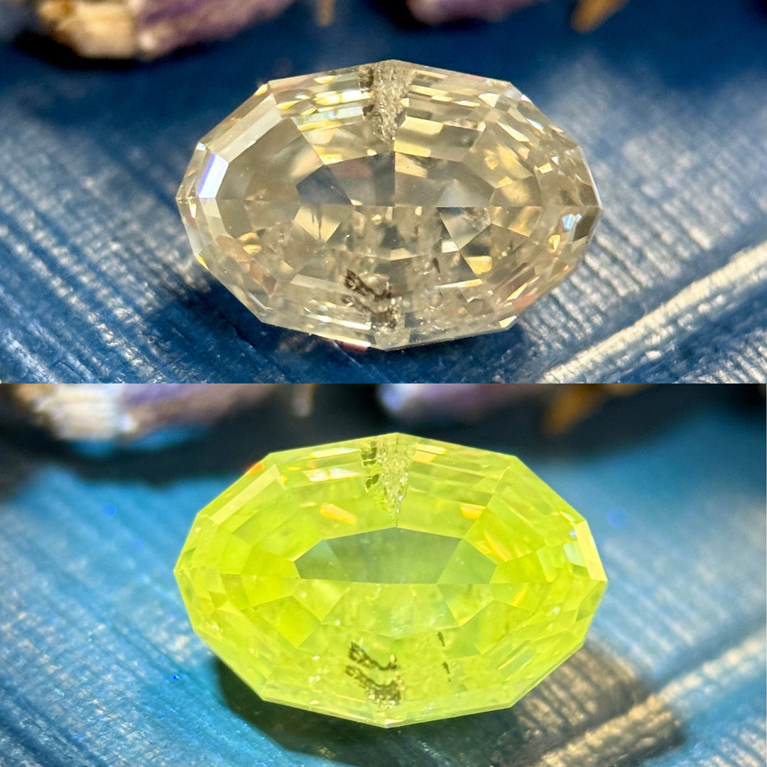 Loose gemstone shown in natural light and glowing bright yellow green under UV light, showcasing vivid fluorescence and one-of-a-kind character.
