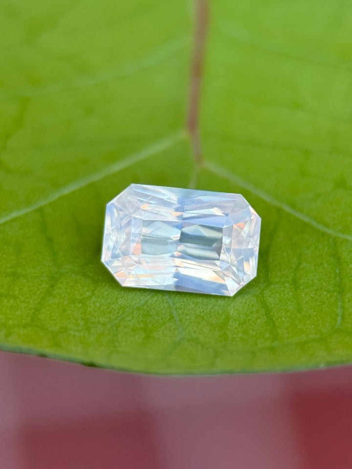 2.10CT Sapphire: Opalescent Silver Peach White Custom Elongated Radiant Cut