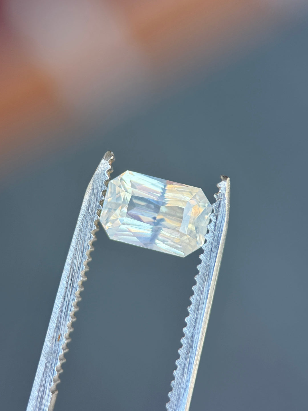 2.10CT Sapphire: Opalescent Silver Peach White Custom Elongated Radiant Cut