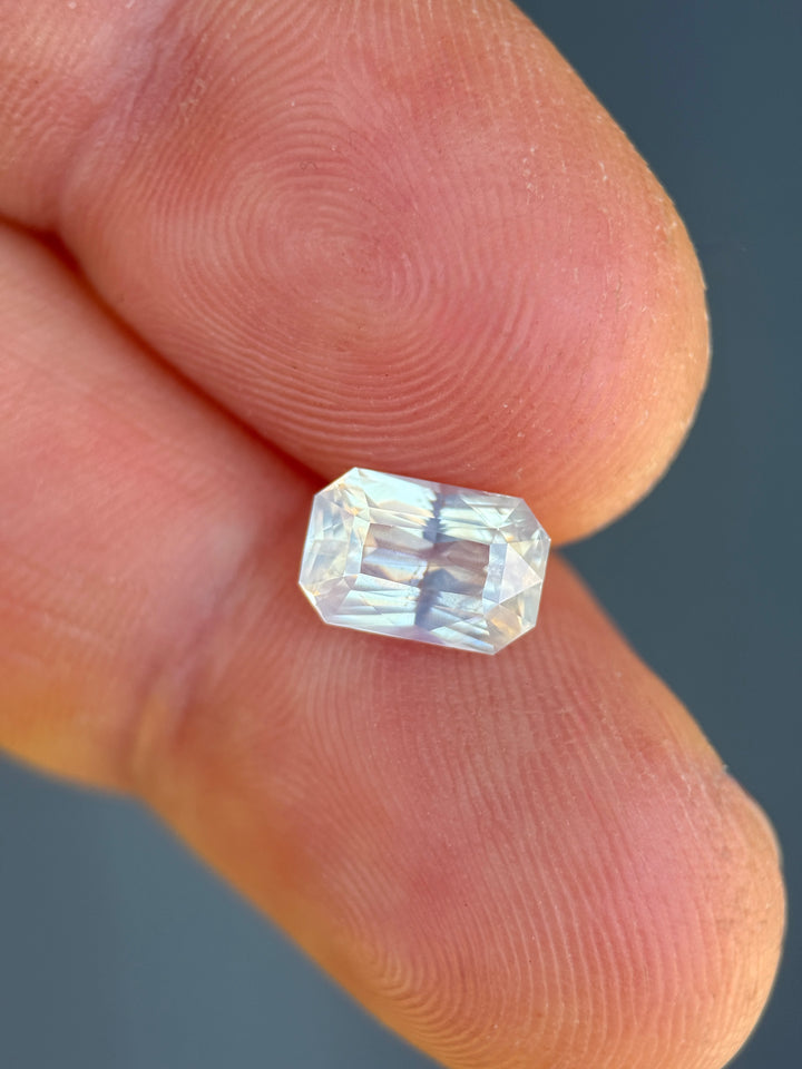 2.10CT Sapphire: Opalescent Silver Peach White Custom Elongated Radiant Cut