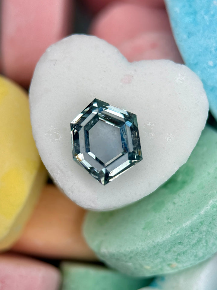 1.55CT Sapphire: Silvery Aqua Teal Blue Hexagon Portrait Step Cut