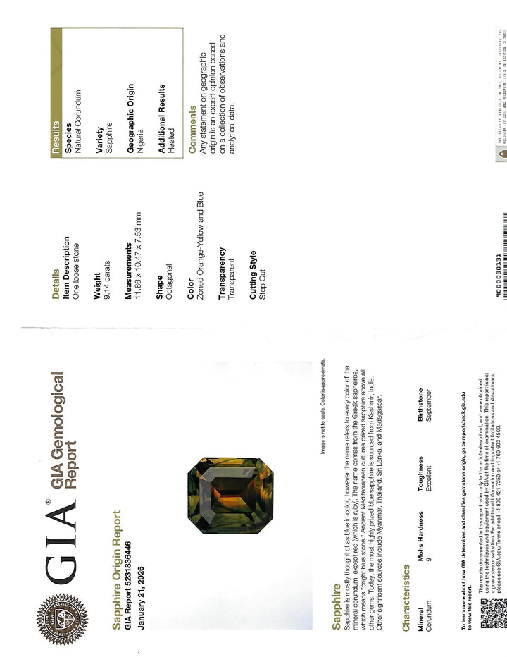 9.14CT Sapphire: Orange Yellow Blue Green Parti Precision Emerald Cut With Full GIA Report
