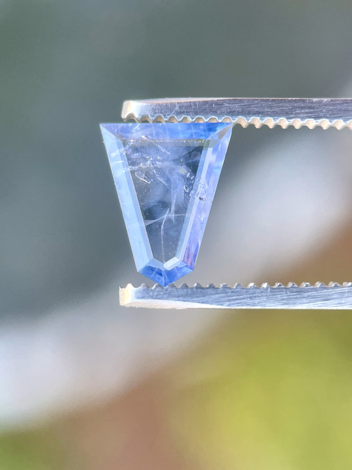Close-up view of a uniquely cut 1.62 carat sapphire, displaying vibrant shades of powder blue and denim blue, perfectly framed by tweezers against a soft background, emphasizing its geometric portrait shape and natural origin.