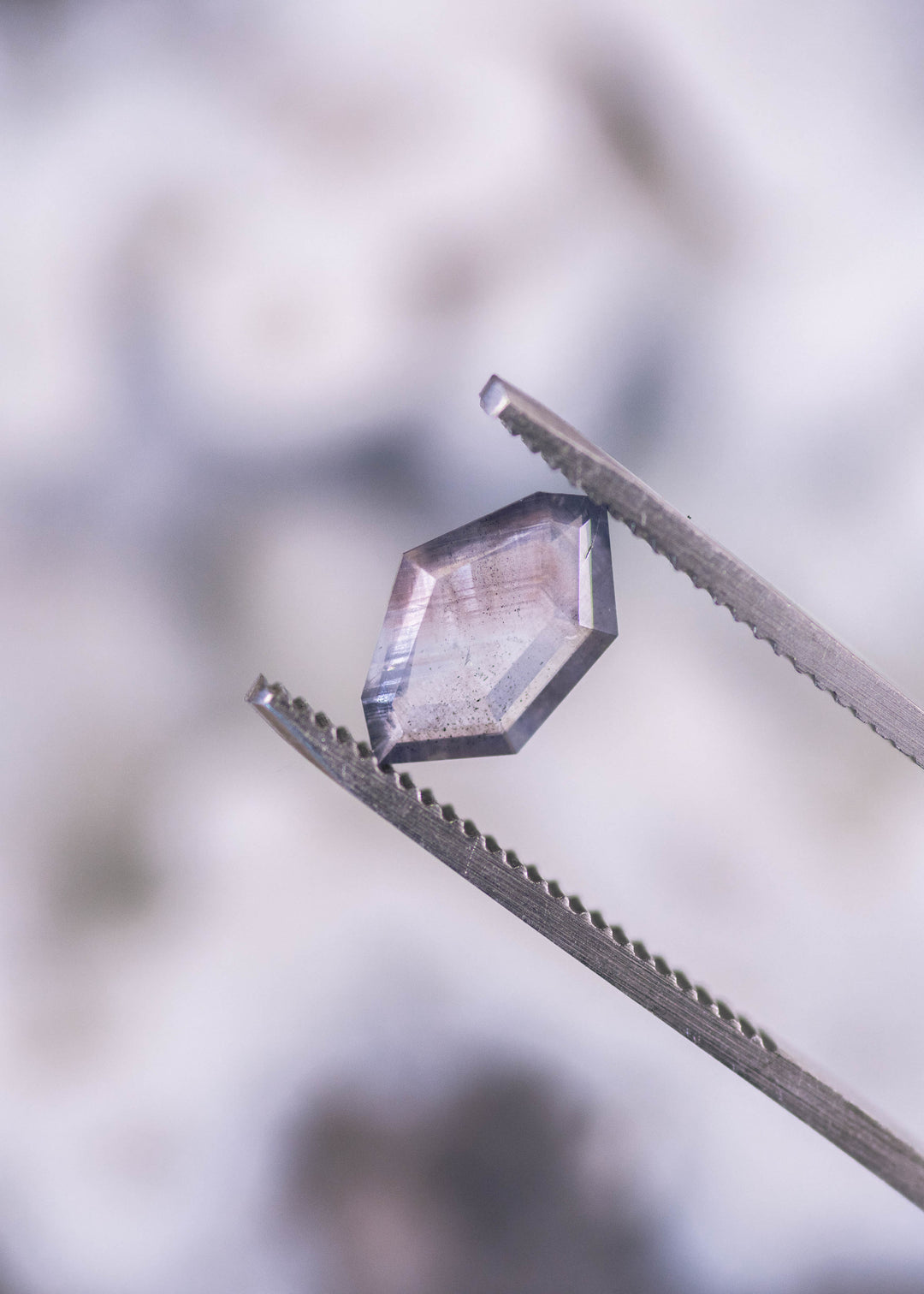 1.22 carat purple brown gray parti sapphire held in gem tweezers, highlighting geometric shield portrait cut facets and natural color zoning from Sri Lanka.