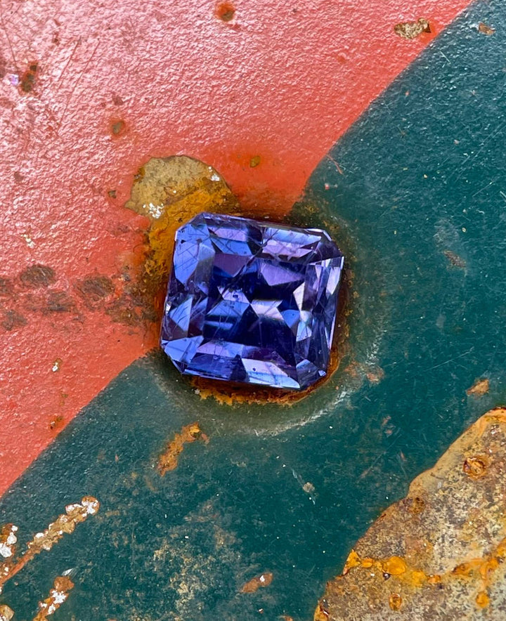 Violet and purple sapphire, 1.68 carats, displayed in hand against a lush greenery background, showcasing its unique custom octagonal step cut.