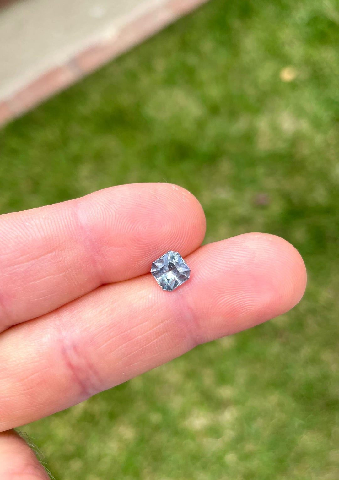 Sapphire gemstone from Umba River, Tanzania, featuring a modified Asscher cut, resting in the palm against a natural, vibrant green setting.