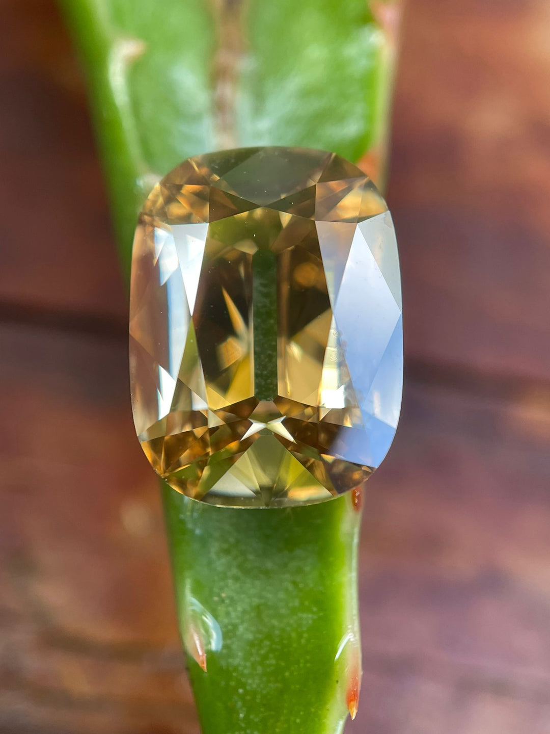GIA certified 3.51-carat diamond with a modern antique cushion cut, resting on a green plant stem, showcasing its brilliance and unique brown-yellow hue.