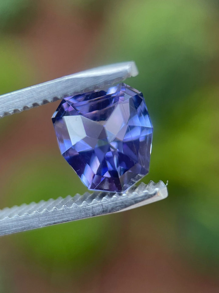 A Tanzanite gemstone with a custom geometric shield cut, held in tweezers, highlights its captivating blue, purple, and lavender colors against a natural green background.