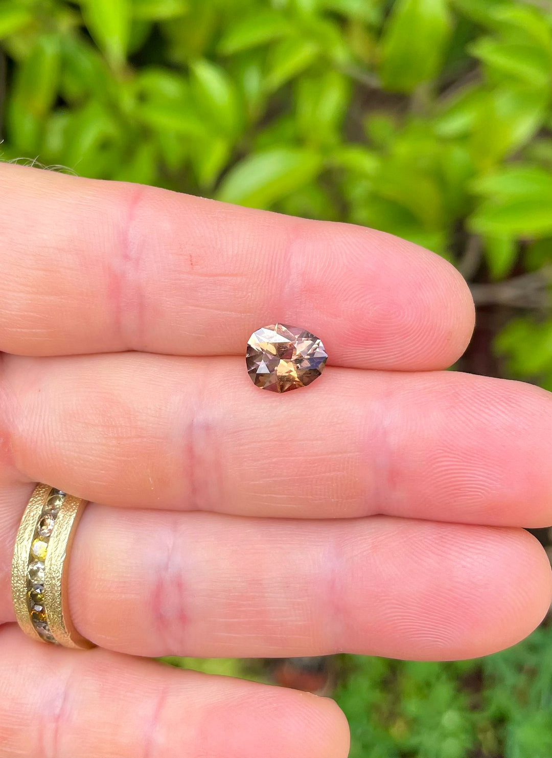 Close-up of a brown and champagne colored Tanzanite, weighing 2.43 carats and cut in a custom geometric pear shape, held between fingers against a lush green background. The gemstone's origin from Merelani Hills, Tanzania, and its natural, untreated state are highlighted.