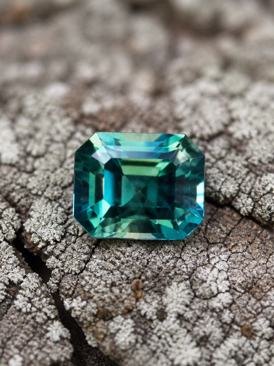 2.92CT Sapphire: Deep Peacock Teal Green Blue Emerald Cut