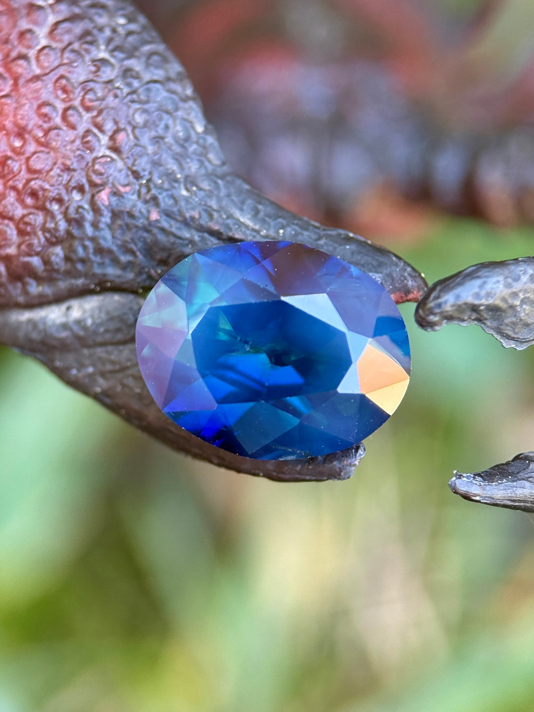 Custom oval modified brilliant sapphire perched on textured branch, highlighting deep royal blue body color and subtle silky inclusions.