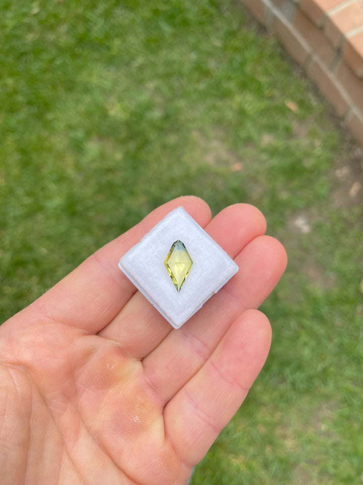 2.38ct kite double cut sapphire in a white gem box, displaying striking yellow and blue tones against a green grass background.