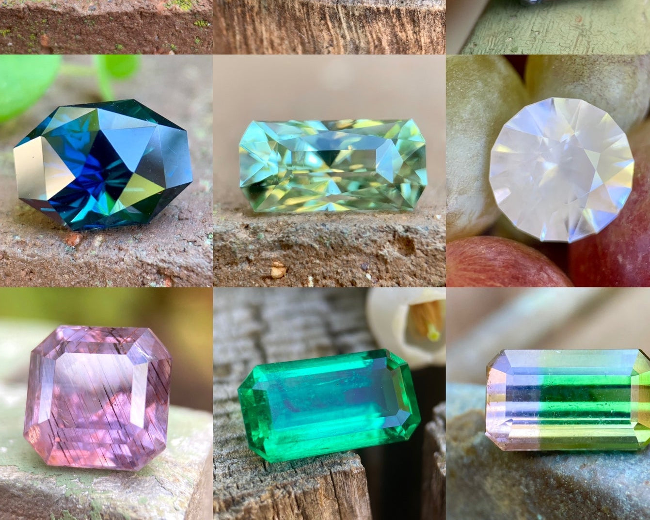 Assortment of rare loose gemstones in blue, green, pink, white, and bi-color tones selected for custom jewelry and designer sourcing.