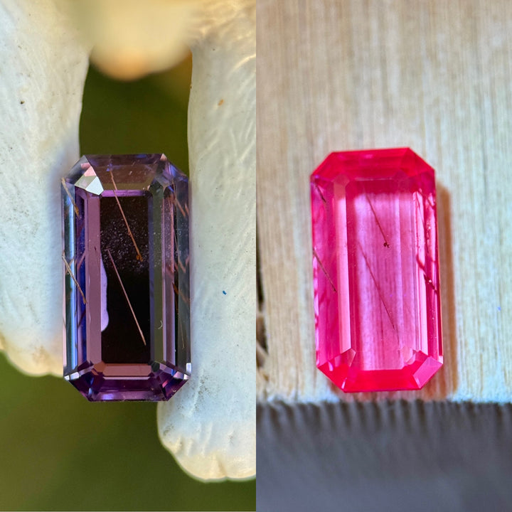 Rutilated purple sapphire shown alongside vivid red sapphire for color comparison, highlighting natural rutile inclusions, elongated emerald portrait cut proportions, and untreated Madagascar origin