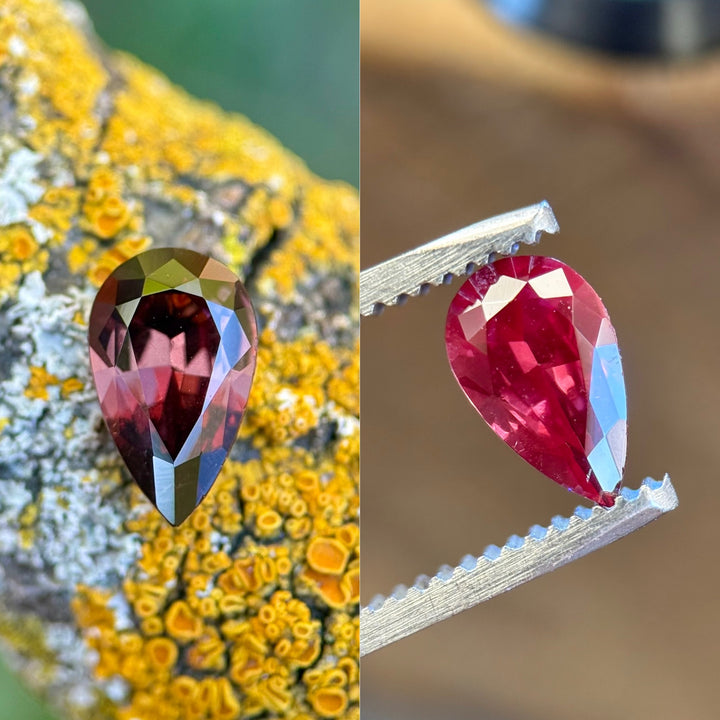Color-change comparison of 1.39 carat Umba sapphire showing vivid red and purple tones in pear cut, untreated