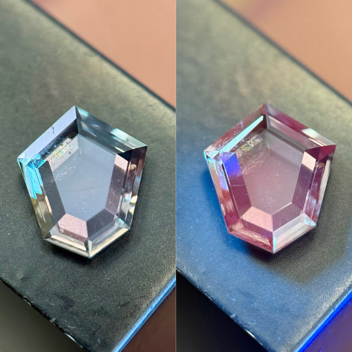 Unheated Montana sapphire showcasing dramatic color shift from pale blue to soft purple under different lighting