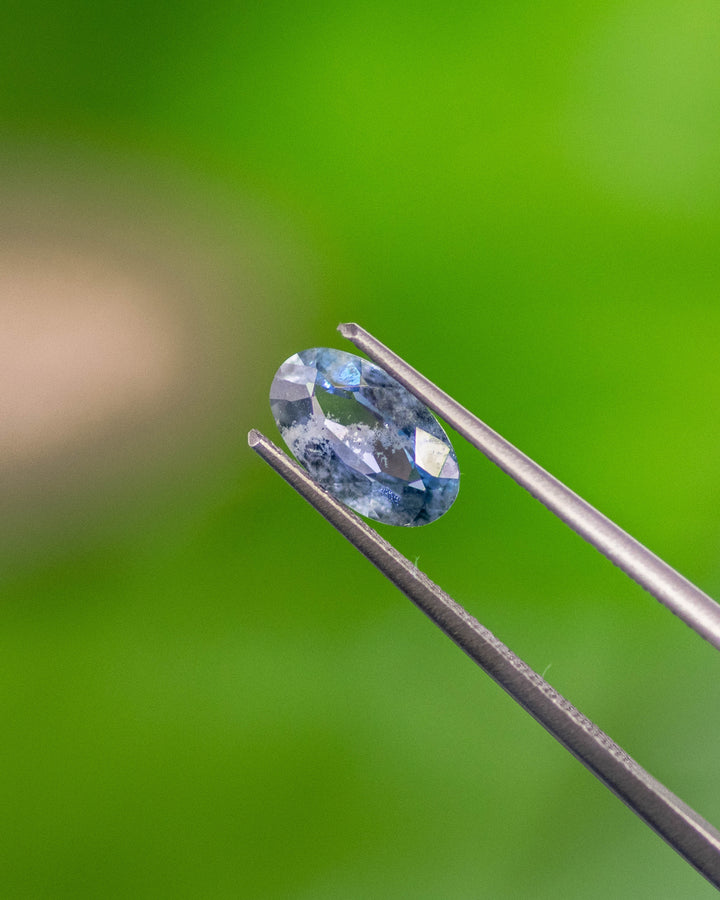 Close-up of 1.24CT steely blue sapphire held in gemstone tweezers against a vivid green background, revealing elongated oval shape and untreated natural clarity from Umba River Valley, Tanzania.