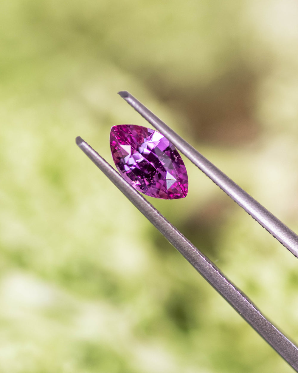 Macro shot of 1.24CT vivid pink sapphire held in gemstone tweezers against a soft green background, highlighting the sparkle and elongated symmetry of the marquise brilliant cut, unheated sapphire from Madagascar.