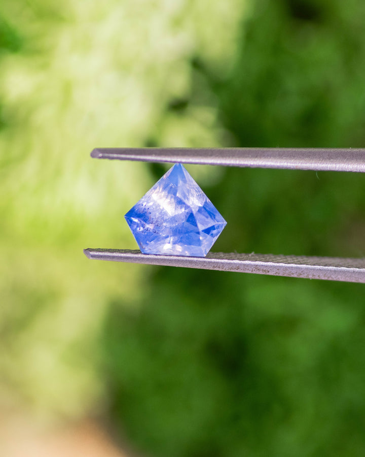 Macro shot of 1.28CT sapphire held in tweezers with green natural background, highlighting its opalescent white and cornflower blue parti colors in a shield modified brilliant cut, unheated gem from Sakaraha, Madagascar.