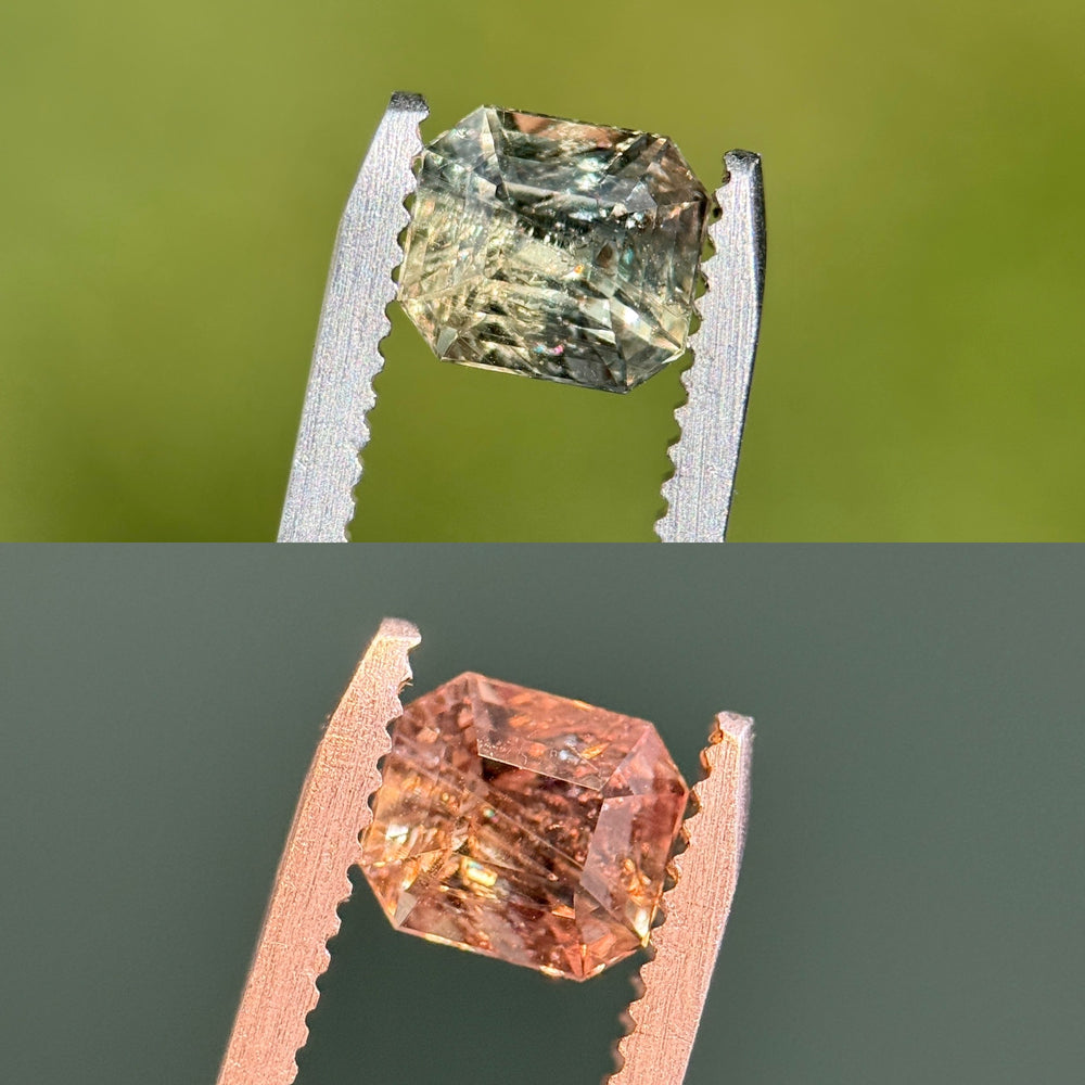 1.67CT color-change sapphire held in gemstone tweezers, showing transformation from earthy green to grayish red tones under changing light, precision squared emerald cut, natural and untreated from Umba River, Tanzania.