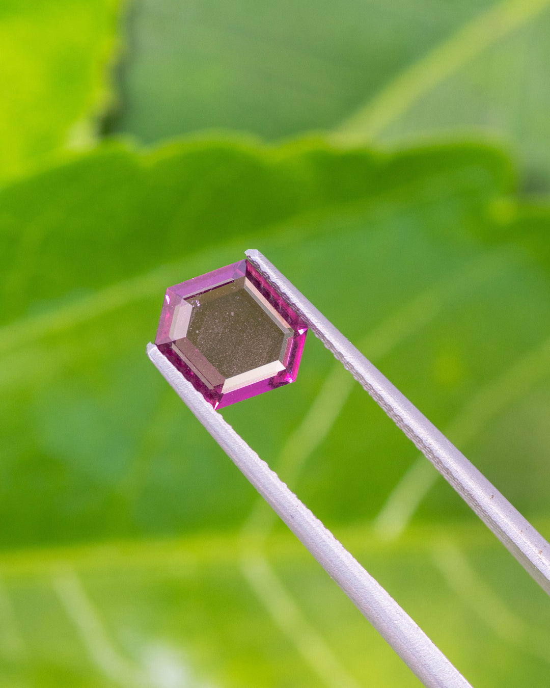 Close-up image of 1.71CT pink purple garnet held in gemstone tweezers against a green natural background, highlighting transparency and precision geometry of the step cut tablet, unheated garnet from Kenya.