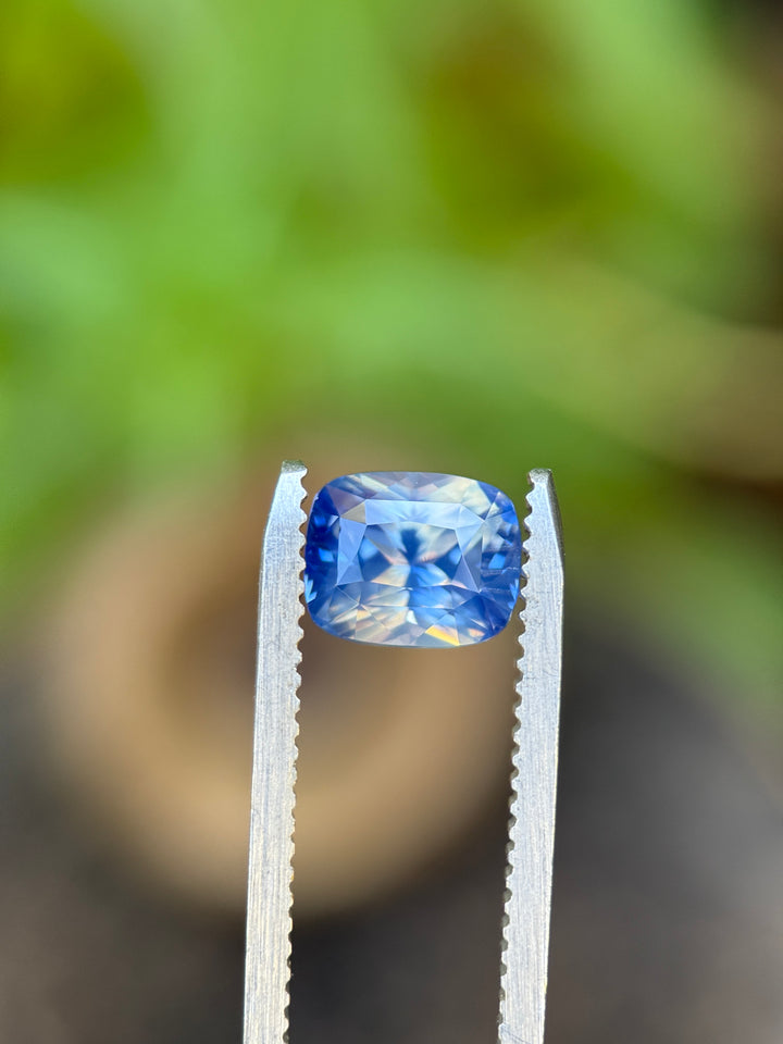 2.64 carat opalescent parti blue and white sapphire held in gemstone tweezers under natural light, showing vibrant color zoning and brilliance of the mix cushion cut, untreated sapphire from Sakaraha, Madagascar.