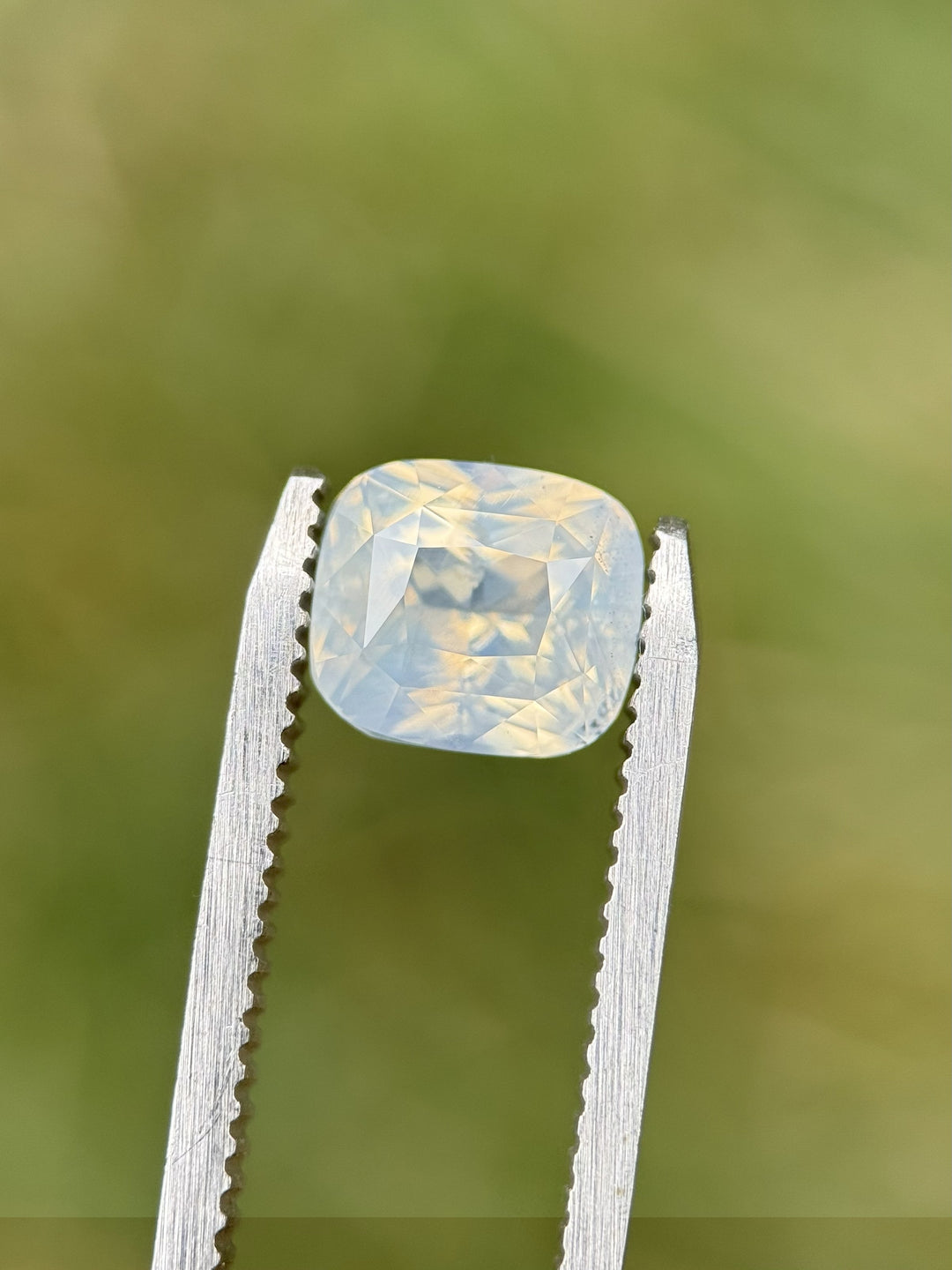 3.01CT opalescent white sapphire held in tweezers against a natural green background, highlighting cushion mixed cut brilliance and subtle internal light play, unheated gem from Sri Lanka.