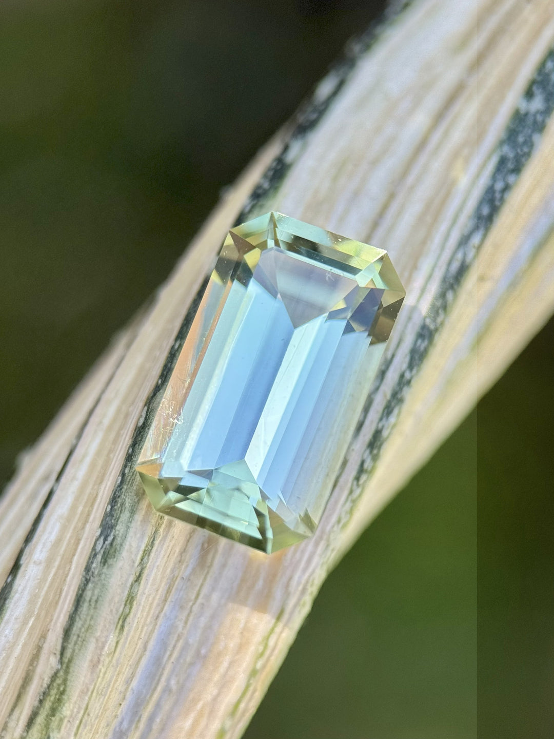 Close-up of 4.51CT mint green tourmaline lying on a leaf, highlighting precision emerald cut step facets and pastel green tones, ethically mined natural gem from Congo, Africa.