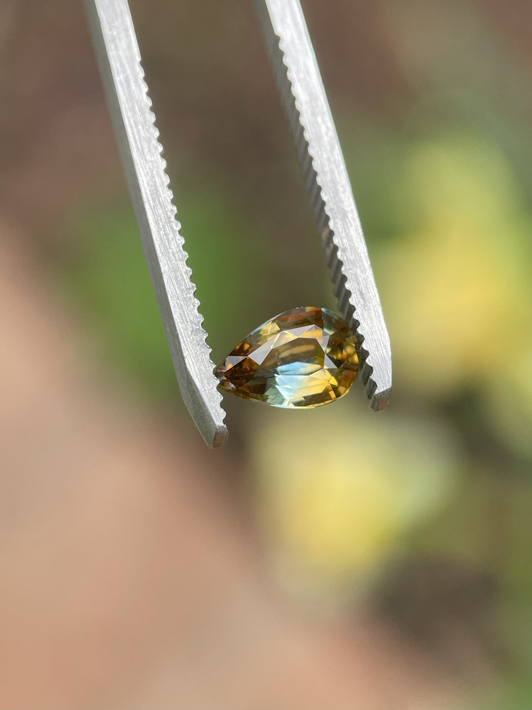 A 1.00-carat pear-shaped sapphire with bi-color tones of brown and bluish green, held in tweezers against a softly blurred background.