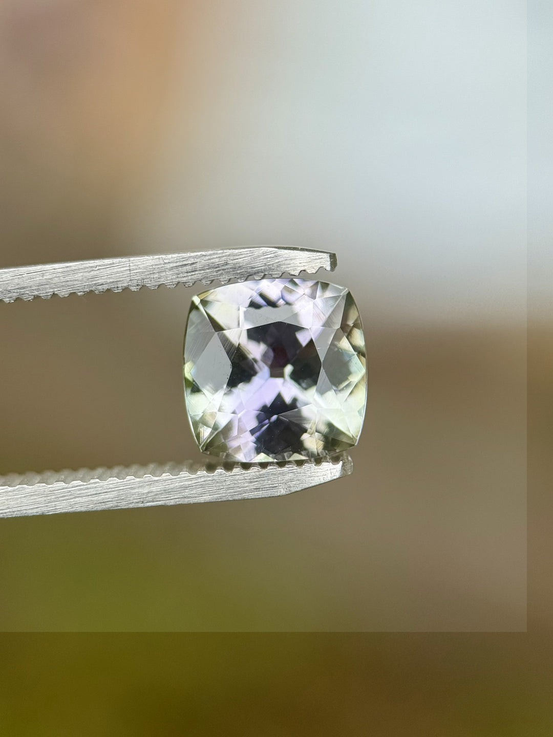 Close-up of cushion cut Tanzanite in tweezers displaying green and purple color zoning – natural gem from Merelani Hills