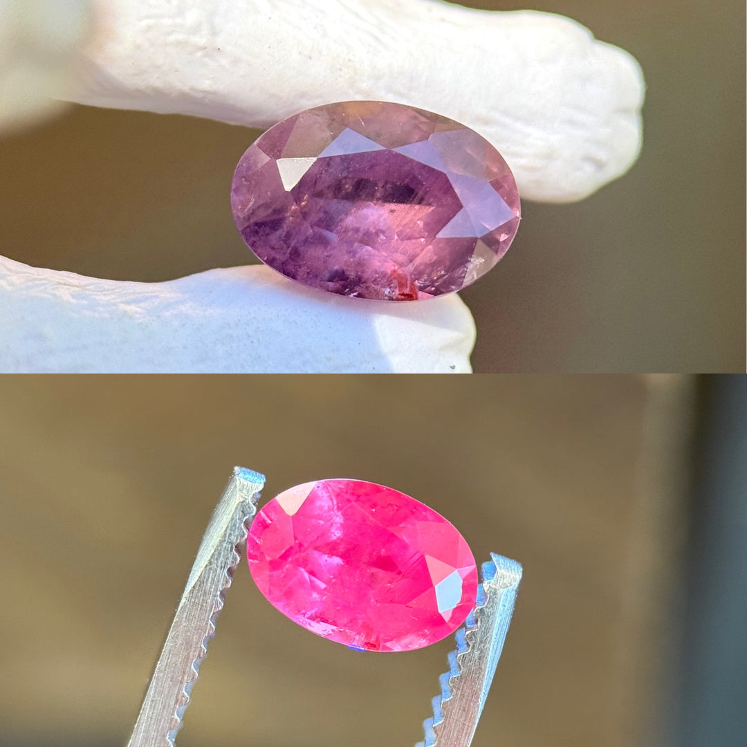 Color-shifting Umba sapphire showing deep grape-purple to hot pink hues in natural and direct light.