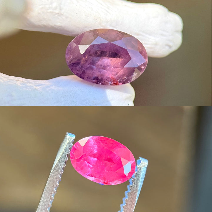 Color-shifting Umba sapphire showing deep grape-purple to hot pink hues in natural and direct light.