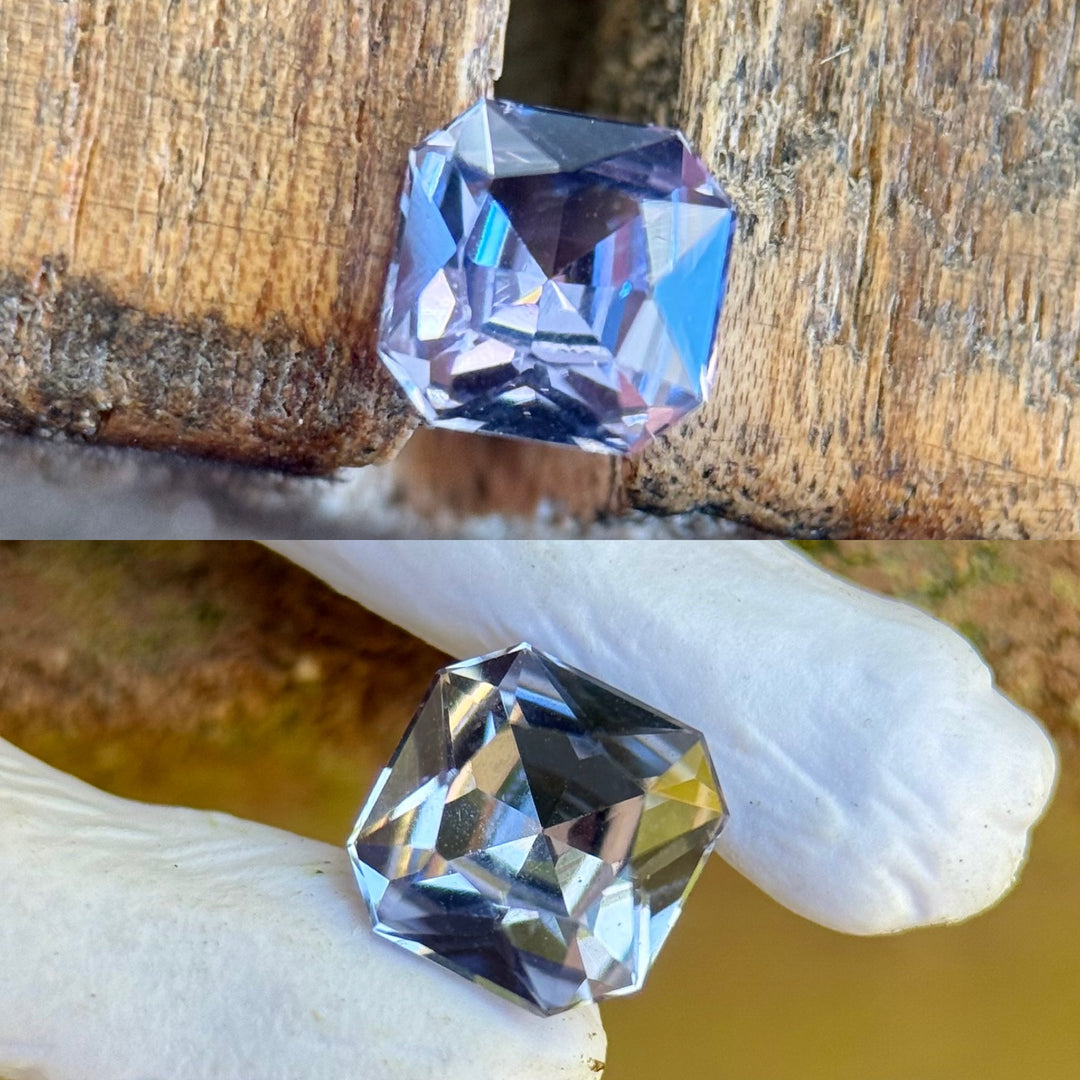 Dual view of 0.67ct untreated color shift sapphire from Umba River, Tanzania – radiant cut gem showing blue and lilac shift