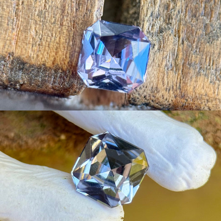 Dual view of 0.67ct untreated color shift sapphire from Umba River, Tanzania – radiant cut gem showing blue and lilac shift
