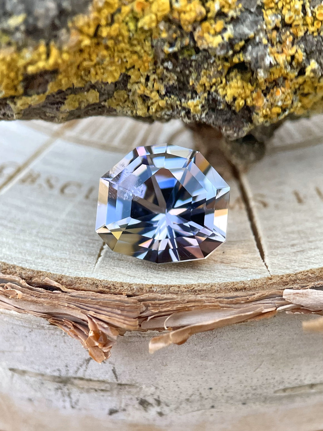 3.33-carat Tanzanite with custom step cut shield resting on natural wood and lichen, displaying pastel mermaid, gray, and lavender tones from Merelani Hills, Tanzania