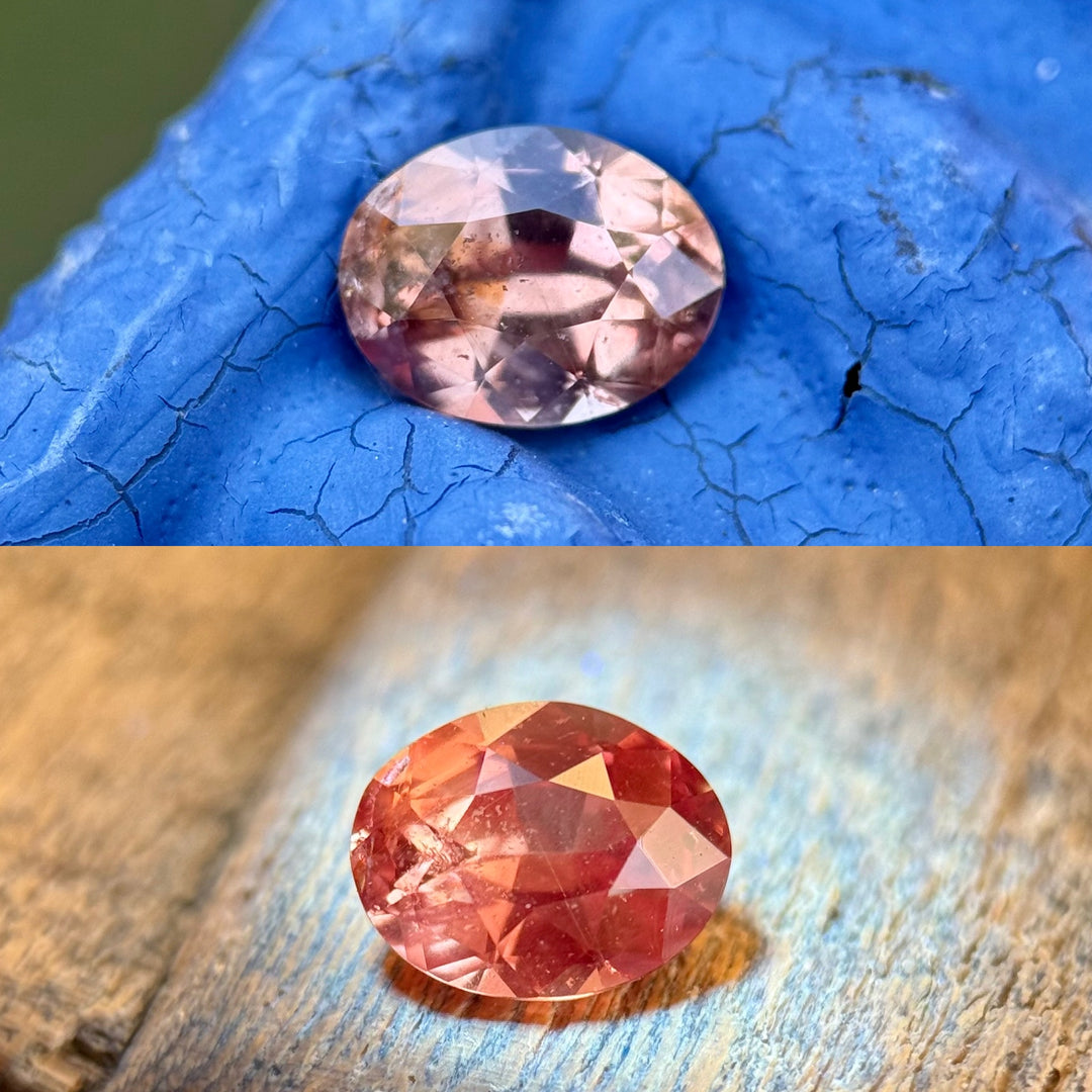 Side-by-side comparison of the same 0.95ct Tanzanian sapphire under different lighting, showcasing strong fluorescence and color shift from orange to vivid pink.